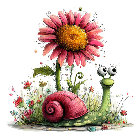 whimsical, pink flowers, coral pink, sage green, golden yellow, children's illustration, snail, garden creatures, nature-inspired, spring, summer, playful animals, big-eyed character, floral design, botanical, whimsy, storybook style, kids fabric, nursery, cottage core, fantasy creatures, charming, colorful, illustrated, cute animals, meadow flowers, daisy, nature lover, imaginative design