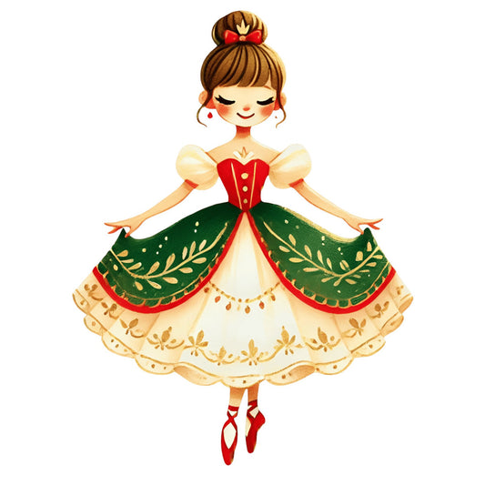 ballet dancer, christmas, festive, holiday, red and green, gold accents, cream, forest green, red, vintage, whimsical, elegant, nutcracker, dancing girl, bow, pointe shoes, princess dress, decorative, theatrical, winter, festive dress, gold embellishments, puff sleeves, corset bodice, holiday theme, classic, charming, retro, celebration, performance
