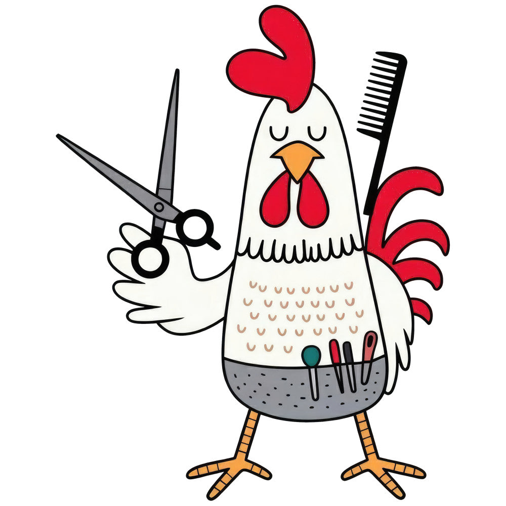 rooster, red, cream, gray, orange, yellow, whimsical, farmhouse, country, folk art, chicken, poultry, rural, rustic, farm animals, scissors, comb, grooming, hair salon, beauty, folk, primitive, cottage core, spring, summer, adorable, fun, playful, novelty, illustration