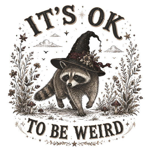 it's ok to be weird, witch hat, raccoon, black, cream, tan, brown, sepia, celestial, stars, clouds, witchy, whimsical, mystical, botanical, flowers, herbs, mushrooms, magical, halloween, autumn, vintage, engraved, woodland animals, nature, dark academia, gothic, enchanted, spooky, wall hanging