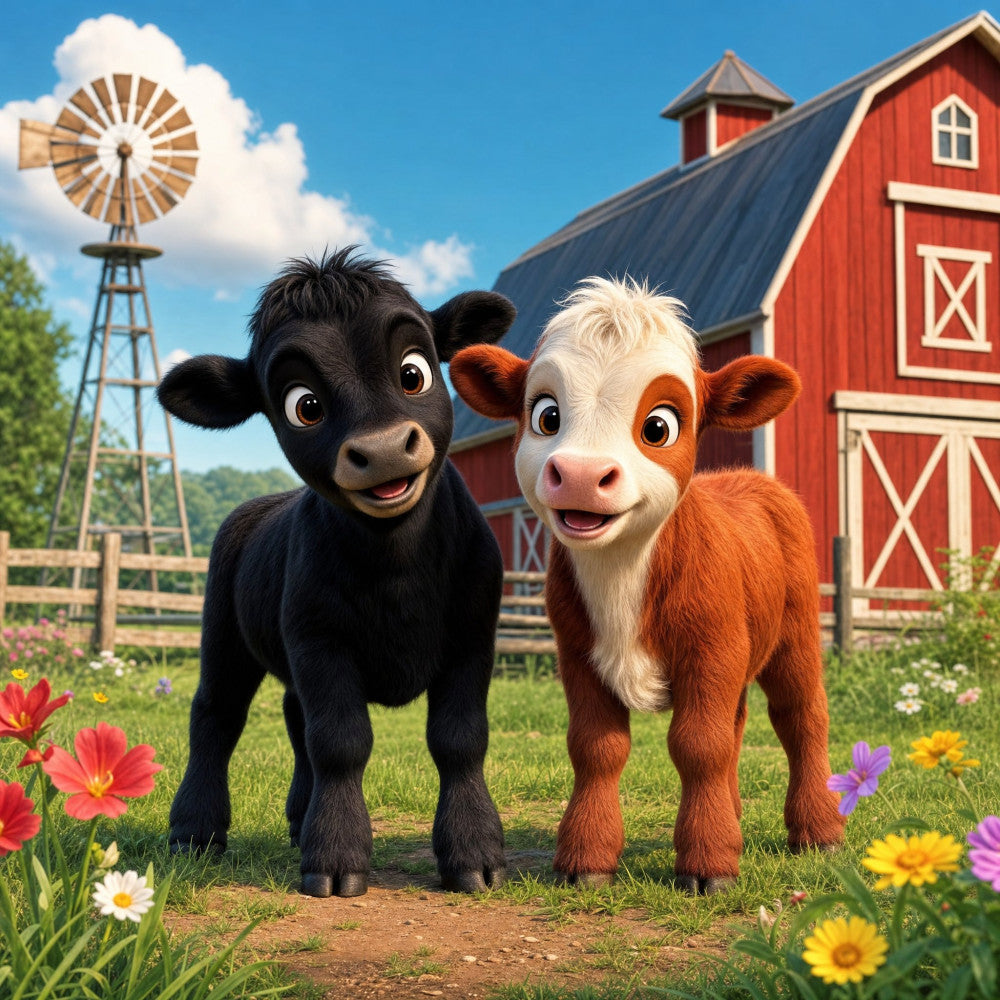red barn, farmhouse, rural, countryside, livestock, cattle, cows, black and white cow, brown and white cow, windmill, farm animals, pastoral, spring, summer, wildflowers, flowers, whimsical, children's, cute, bright colors, primary colors, red, black, white, brown, orange, yellow, cheerful, playful, illustrated