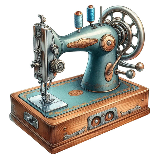 teal, turquoise, copper, bronze, wood tone, vintage sewing machine, steampunk, retro, antique, mechanical, industrial, nostalgic, sewing themed, crafting, hobbies, timeless, elegant, decorative arts, embellished, ornate, collectible, heritage, classic, traditional, home decor, wall hanging, craft room