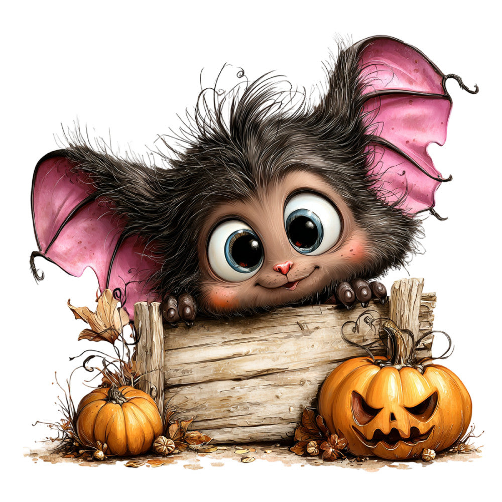 halloween, autumn, fall, whimsical, cute, creature, bat wings, pink wings, pumpkins, jack-o-lantern, carved pumpkins, furry animal, big eyes, playful, festive, holiday, dark brown, dusty rose, burnt orange, rustic wood, farmhouse, charming, spooky-cute, fantasy creature, seasonal, children's, novelty print, woodland creature