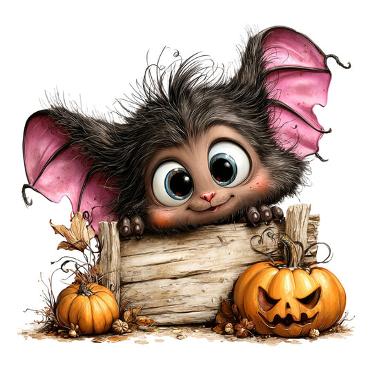 halloween, autumn, fall, whimsical, cute, creature, bat wings, pink wings, pumpkins, jack-o-lantern, carved pumpkins, furry animal, big eyes, playful, festive, holiday, dark brown, dusty rose, burnt orange, rustic wood, farmhouse, charming, spooky-cute, fantasy creature, seasonal, children's, novelty print, woodland creature