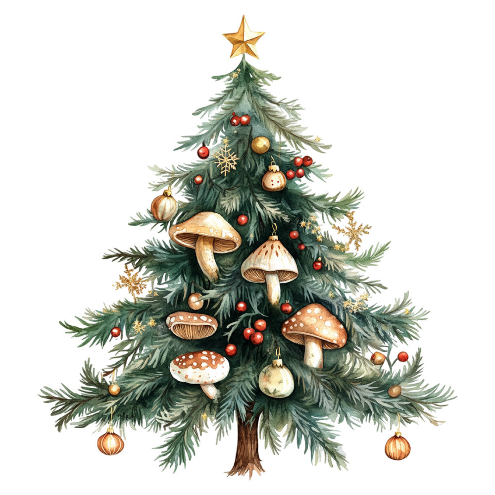 forest green, cream, red, gold, mushroom, toadstool, ornaments, snowflakes, star, christmas, holiday, woodland, nature, whimsical, vintage, rustic, festive, evergreen, botanical, winter, traditional, enchanted forest, fairy tale, decorative balls, natural elements, cottage core, nostalgic, december, seasonal, magical