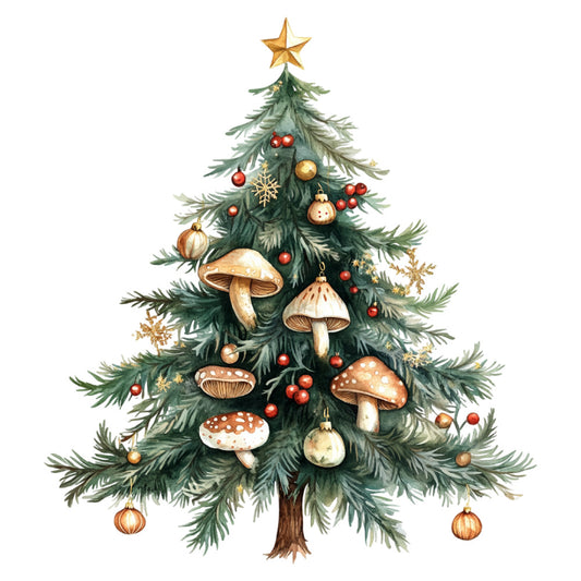 forest green, cream, red, gold, mushroom, toadstool, ornaments, snowflakes, star, christmas, holiday, woodland, nature, whimsical, vintage, rustic, festive, evergreen, botanical, winter, traditional, enchanted forest, fairy tale, decorative balls, natural elements, cottage core, nostalgic, december, seasonal, magical