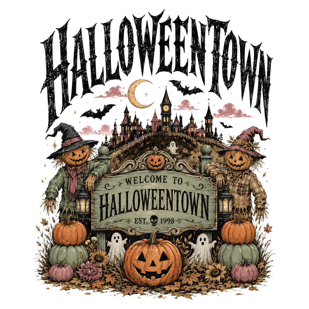 halloween, halloweentown, pumpkin, jack-o-lantern, scarecrow, ghost, bat, haunted house, castle, autumn, fall, festive, spooky, creepy, witchy, witch hat, harvest, orange, black, cream, dusty rose, mauve, forest green, sage green, vintage, whimsical, gothic, seasonal, trick-or-treat, moonlit