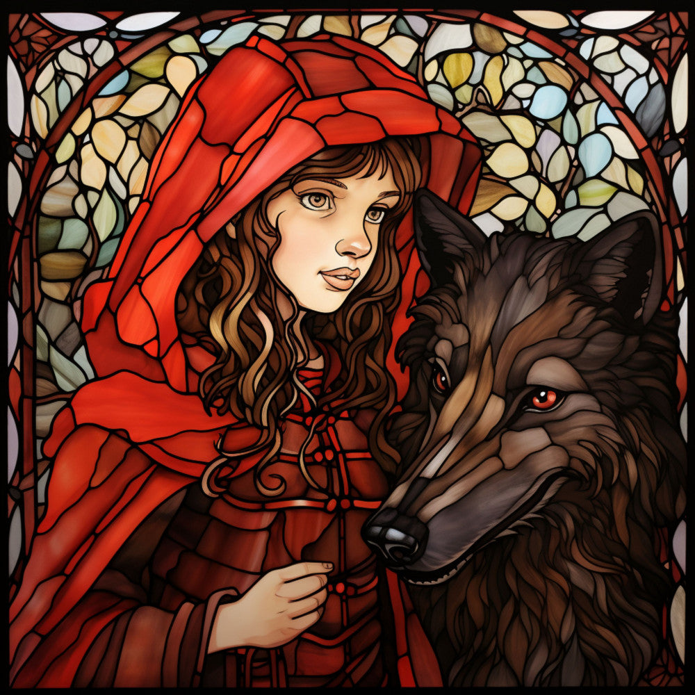 red, crimson, scarlet, brown, amber, stained glass, little red riding hood, wolf, fairy tale, girl, hooded cloak, curly hair, red eyes, forest theme, stained glass pattern, fabric panel, quilting cotton, mosaic design, storytelling motif, children's story, woodland scene