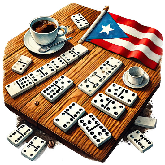 dominoes, puerto rico flag, coffee cups, wooden table, vintage games, board game, dots pattern, red white blue, gaming theme, retro leisure, café culture, cultural pride, game night, tabletop games, rustic wood grain, coffee lover, traditional games, Caribbean, patriotic, beige domino tiles, black dots, cream colored, warm browns, golden wood tones, game room décor, vintage entertainment, cultural heritage, nostalgic style, folk tradition