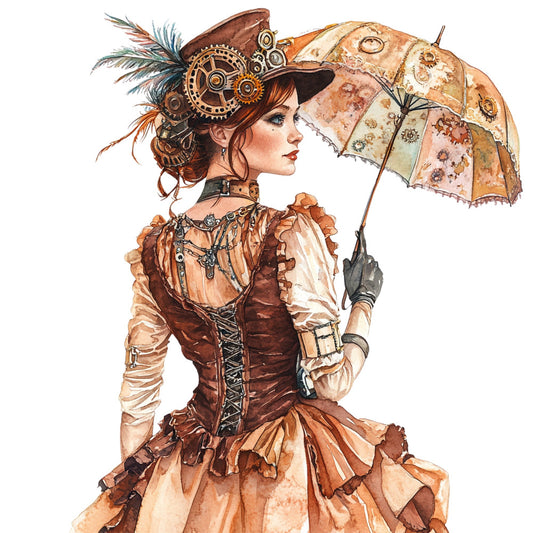 steampunk, Victorian, gears, cogs, mechanical, brown, tan, cream, rust, copper, bronze, elegant, vintage, woman, portrait, fashion, goggles, feathers, umbrella, parasol, corset, dress, industrial, retro, whimsical, romantic, ornate, decorative, illustration, fabric panel