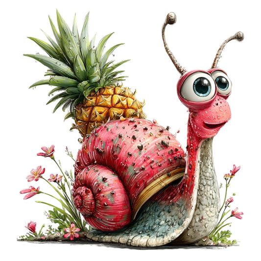 coral pink, bright pink, hot pink, golden yellow, sage green, cream, white, whimsical, cute, playful, cartoon, snail, pineapple, flowers, floral, nature, garden, spring, summer, animals, insects, character, children's, kids, cheerful, vibrant, colorful, fantasy, illustrated, storybook