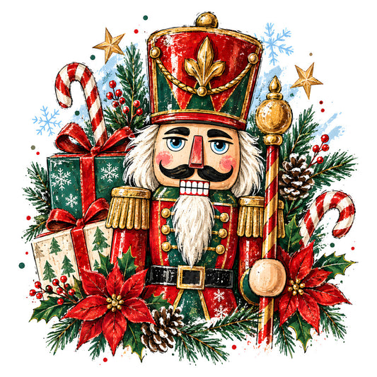 nutcracker, christmas, holiday, red, green, gold, white, traditional, festive, whimsical, vintage, soldier, candy cane, poinsettia, pine cone, snowflake, evergreen, ornaments, gift box, bow, bearded, military uniform, nutcracker soldier, december, seasonal, classic, decorative, winter, celestial star, holly