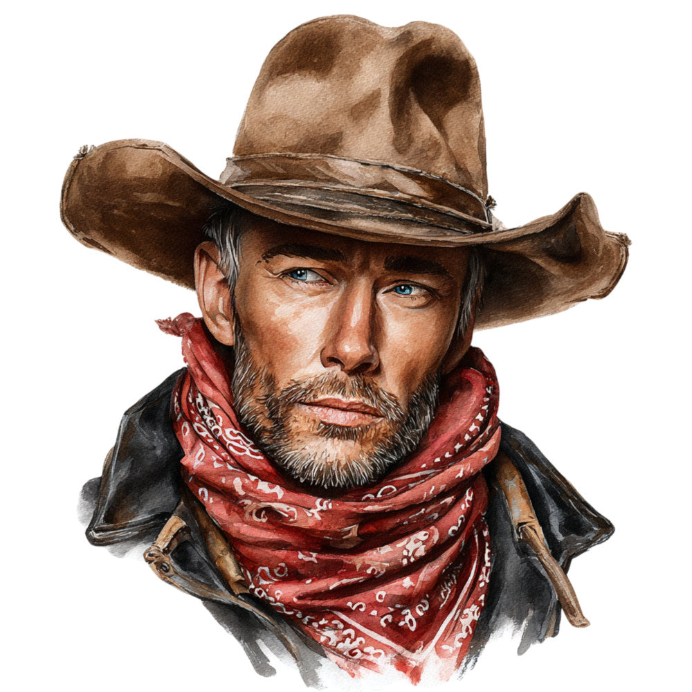 cowboy, western, portrait, man, beard, tan, brown, rust red, cream, black, bandana, hat, stetson, vintage, retro, nostalgic, americana, rustic, traditional, masculine, rugged, old west, wild west, character, figure study, art print, decorative