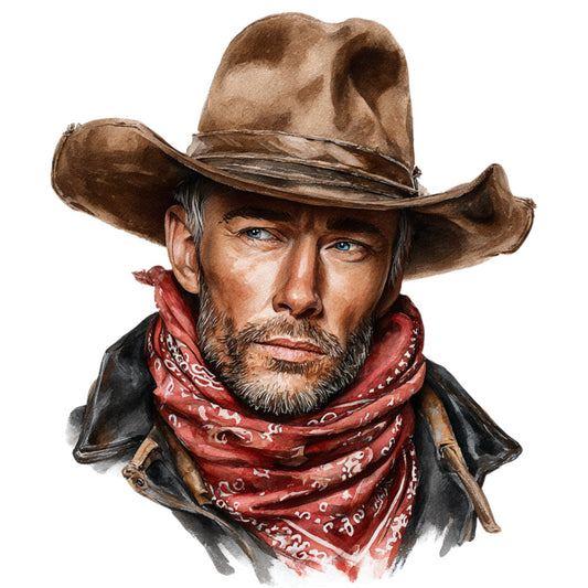 cowboy, western, portrait, man, beard, tan, brown, rust red, cream, black, bandana, hat, stetson, vintage, retro, nostalgic, americana, rustic, traditional, masculine, rugged, old west, wild west, character, figure study, art print, decorative