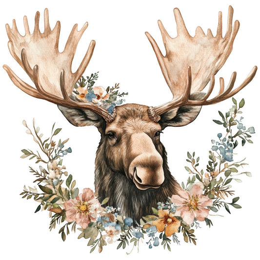 moose, antlers, floral wreath, watercolor style, brown, tan, beige, pink flowers, blue accents, green foliage, nature scene, wildlife, botanical elements, fabric panel, quilting cotton, rustic charm, woodland theme, animal portrait, soft pastels, decorative florals