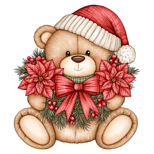 teddy bear, christmas, holiday, poinsettia, red, tan, brown, cream, green, festive, whimsical, cute, animals, winter, santa hat, bow, berries, pine branches, evergreen, traditional, seasonal, baby, children's, nursery, sweet, charming, decorative, gift-themed
