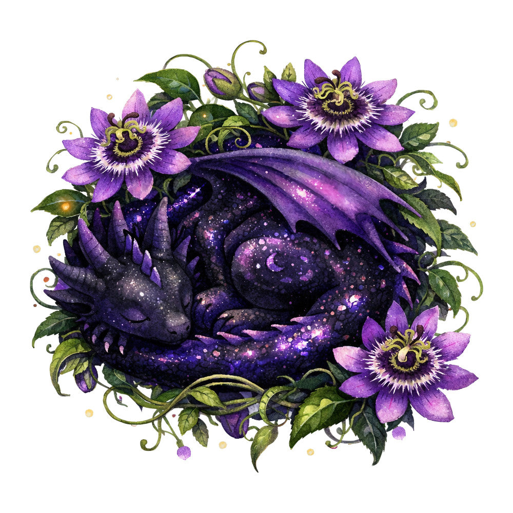 purple passion flower, deep purple, cosmic purple, galaxy print, celestial design, starry night, passion flowers, yellow stamens, green leaves, botanical illustration, floral panel, whimsical style, fantasy art, magical theme, nature inspired, dark purple background, sparkly details, gold accents, vine scrolls, ornate design, bohemian style, mystical, enchanted garden, decorative panel, statement fabric, evening garden, dramatic florals, richly colored, artistic illustration