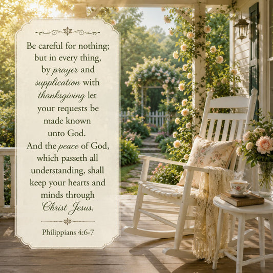 inspirational quote, scripture, philippians, faith, religious, floral, roses, garden, cream, beige, tan, ivory, soft gold, green, vintage, traditional, elegant, rustic, farmhouse, cottage core, peaceful, serene, botanical, climbing vines, flowers, spring, summer, wall hanging, home decor, porch scene