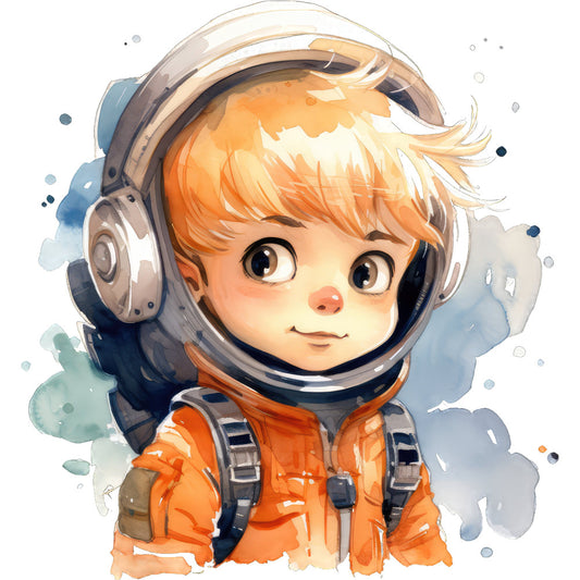orange, cream, peach, sky blue, gray, watercolor, space, astronaut, cosmic, whimsical, cute, childlike, modern, playful, character design, illustrated, fantasy, adventure, science fiction, futuristic, helmet, spaceship theme, gender-neutral, kid-friendly, nursery, baby quilt, wall art, decorative panel, imaginative