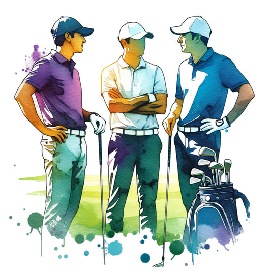 watercolor, golf players, three golfers, purple, blue, green, yellow, orange, teal, fabric panel, athletic theme, sports design, golf clubs, golf bag, baseball caps, polo shirts, artistic style, paint splashes, contemporary art, masculine colors