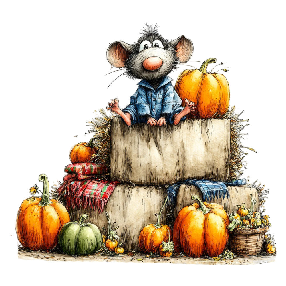 autumn, fall, pumpkin, harvest, mouse, whimsical, farmhouse, rustic, children's, storybook, animals, woodland, orange, burnt orange, blue denim, red plaid, straw, hay bales, cute, playful, seasonal, cottage core, novelty, illustration, folk art, traditional, cozy, cheerful, thanksgiving, decorative panel