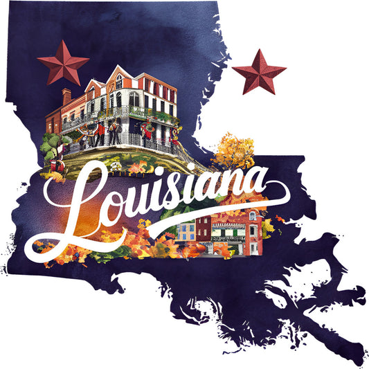 Classic US States Fabric Panel 45 featuring Louisiana state outline with iconic architecture and scenic design on premium quilting cotton.