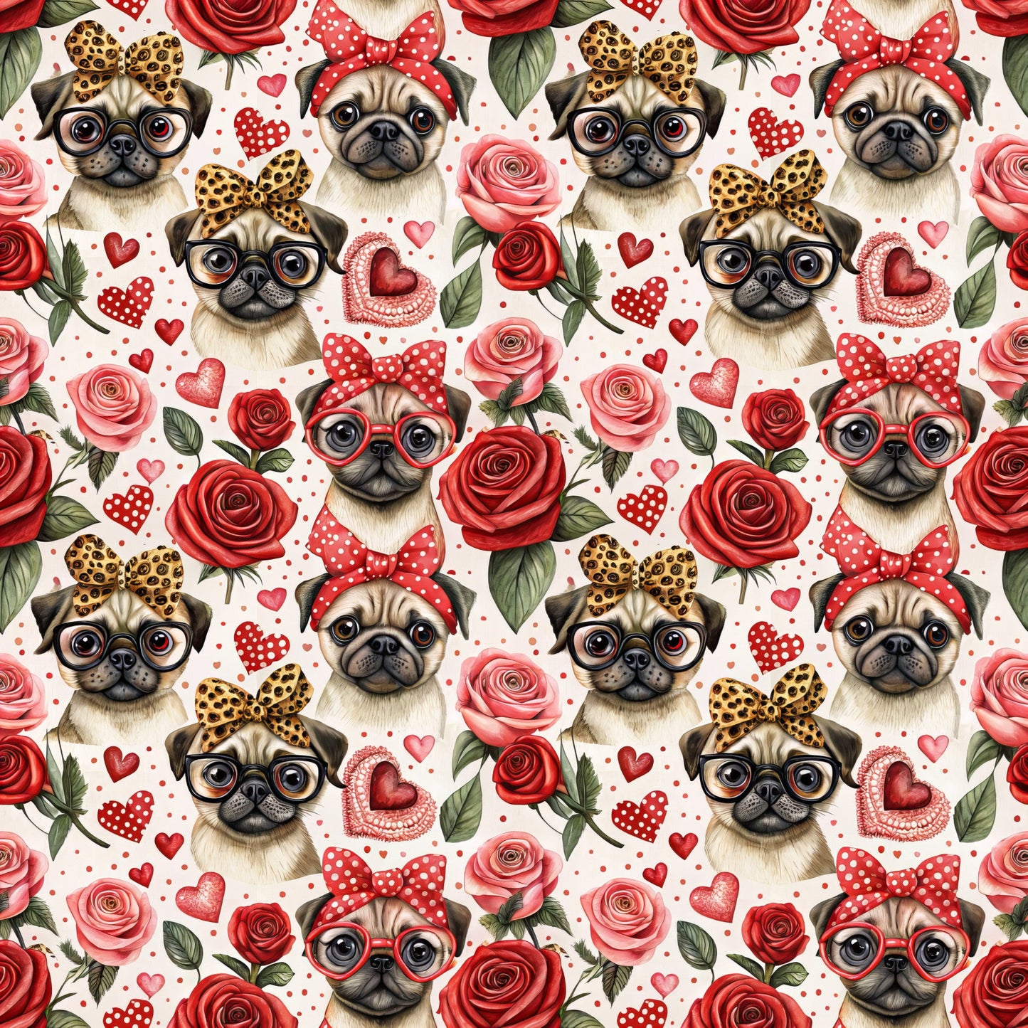 Pugs and Roses Pattern 1 Quilting Cotton Fabric