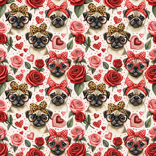 Pugs and Roses Pattern 1 Quilting Cotton Fabric