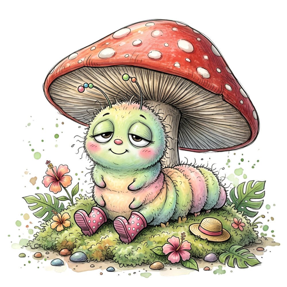 whimsical mushroom, cute character, red and white toadstool, pastel colors, soft green, cream, dusty rose, sage green, nature themed, woodland creatures, fantasy, children's design, baby quilt, storybook illustration, cottage core, enchanted forest, magical theme, spring, summer, botanical elements, flowers, leaves, monstera, peaceful, dreamy, colorful, playful, illustration style, character design, garden scene
