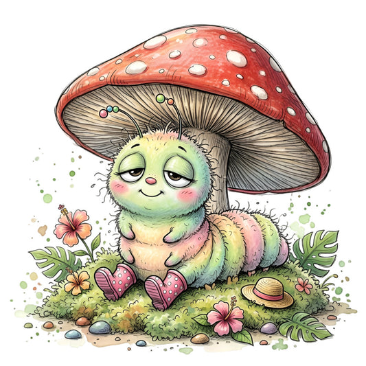 whimsical mushroom, cute character, red and white toadstool, pastel colors, soft green, cream, dusty rose, sage green, nature themed, woodland creatures, fantasy, children's design, baby quilt, storybook illustration, cottage core, enchanted forest, magical theme, spring, summer, botanical elements, flowers, leaves, monstera, peaceful, dreamy, colorful, playful, illustration style, character design, garden scene