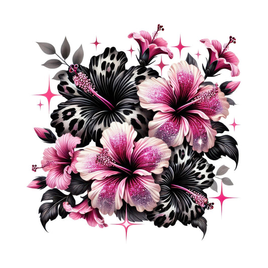 magenta pink, hot pink, black, white, cream, gray, floral, hibiscus, leopard print, animal print, sparkly, glittery, nature, botanical, stars, celestial, modern, elegant, whimsical, glamorous, tropical, exotic, feminine, bold, dramatic, vibrant, dimensional, shading, textured look, large scale