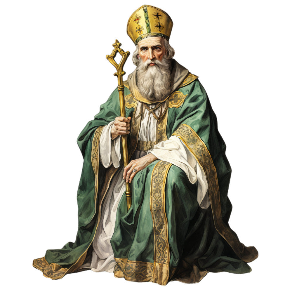 forest green, gold, cream, religious, saint, bishop, historical, traditional, vintage, ecclesiastical, ornate, crosses, staff, mitre, robes, spiritual, christian, medieval, elegant, formal, religious figure, blessing, cathedral, sacred, classical, detailed, portrait, heritage, institutional