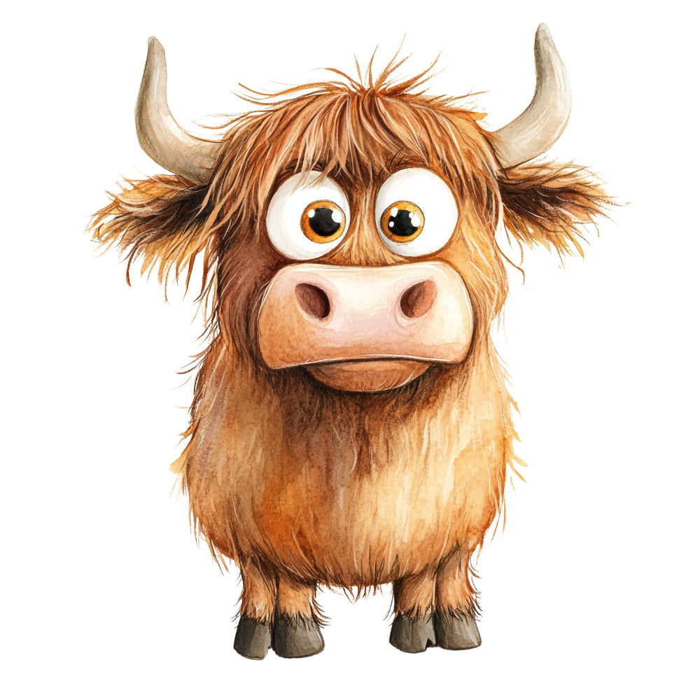 highland cattle, scottish cow, brown, tan, cream, orange-brown, rust, whimsical, cartoon, cute, animal, farmhouse, rustic, children's, kids, funny animals, big eyes, hairy cow, highland breed, farm animals, novelty, playful, character fabric, decorative, home decor, nature themed, country style, western, pastoral, illustration style