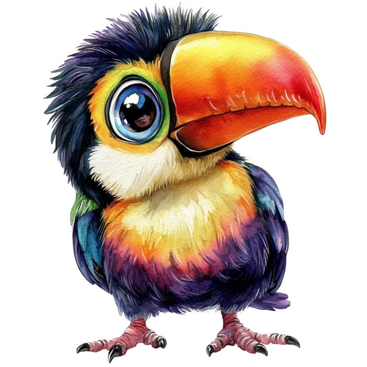toucan, tropical bird, colorful bird, rainbow, bright colors, vibrant, whimsical, playful, children's fabric, yellow, orange, red, coral, navy blue, purple, teal, green, gold, cute animals, bird illustration, exotic birds, nature theme, tropical theme, summer, cheerful, fun, modern, decorative panel, nursery, kids apparel