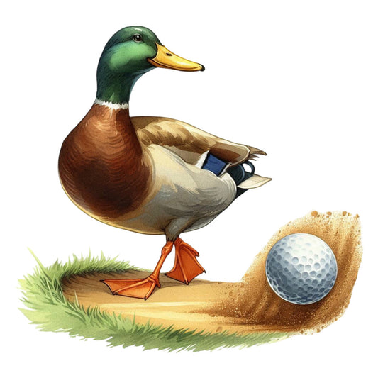duck, golf, sports, animals, birds, iridescent green, forest green, burnt orange, cream, tan, beige, navy blue, whimsical, humorous, novelty, quirky, playful, funny, golf ball, golf course, sand trap, grass, nature, summer, outdoor sports, recreation, golfing, lighthearted, illustration style, vintage inspired
