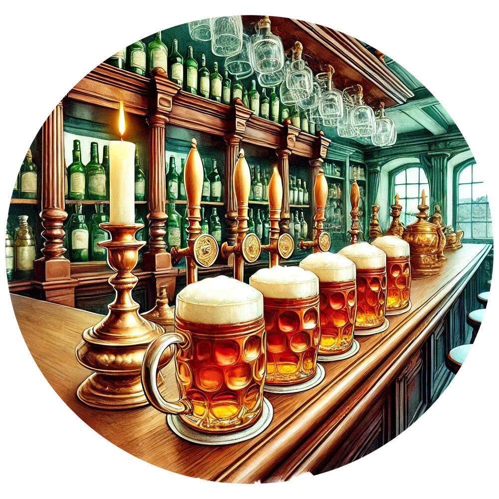 amber, golden brown, forest green, copper, tavern scene, colonial bar, beer mugs, wooden barrels, beer taps, bottles, candlelight, arched windows, fabric panel, quilting cotton, warm lighting, historical americana, pub interior, brewing theme, rich wood tones, vintage atmosphere