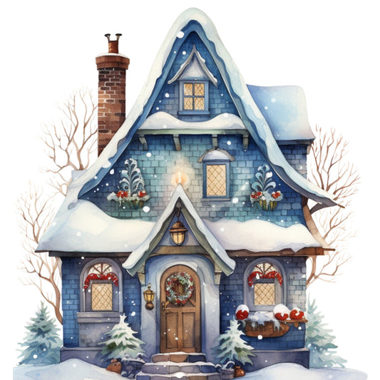 Watercolor Winter Houses Fabric Panel 8