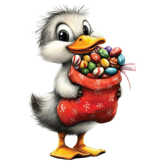 duck, duckling, baby duck, christmas stocking, red stocking, colorful eggs, easter eggs, whimsical, cute animal, fluffy feathers, orange beak, orange feet, fabric panel, quilting cotton, holiday themed, festive, cartoon style, children's fabric, nursery decor, seasonal fabric, spring colors, multicolored eggs, adorable character