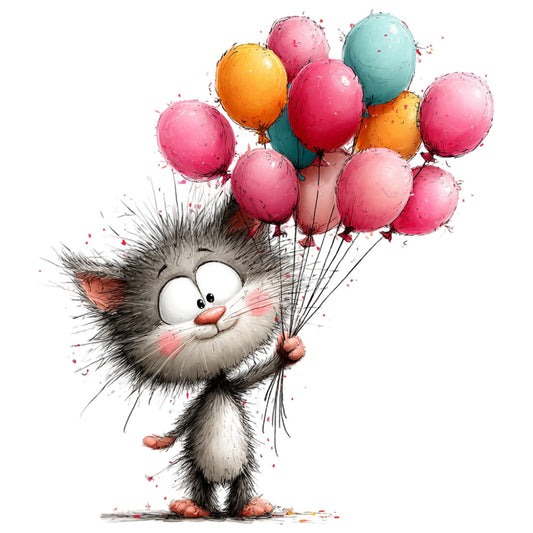 fluffy cat, whimsical animals, cute cat, colorful balloons, pink balloons, orange balloons, turquoise balloons, coral pink, burnt orange, soft gray, children's illustration, playful style, animal character, birthday theme, celebration, joy, cheerful, whimsical design, watercolor style, splatter effect, artistic, modern whimsical, kids fabric, nursery, baby quilt, wall hanging, festive, party theme, charming creatures