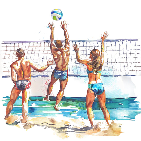 beach volleyball, summer sports, ocean blue, turquoise, sandy tan, coral orange, watercolor, athletic, coastal, water sports, recreation, active lifestyle, leisure activities, beach theme, seaside, watercolor painting, women sports, team sports, outdoor activities, vibrant colors, blue water, golden tan, sun-kissed, tropical, vacation, resort wear, modern watercolor, sporty, energetic, casual summer