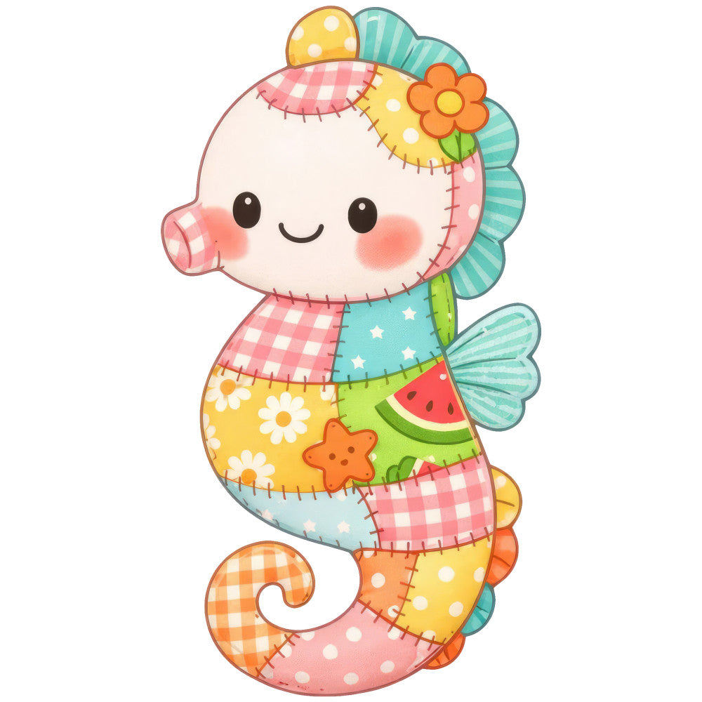 seahorse, whimsical, pastel colors, coral pink, soft yellow, mint green, turquoise, baby blue, cheerful, playful, patchwork, quilted look, gingham, polka dots, floral, stars, watermelon, starfish, ocean theme, nautical, cute animals, child-friendly, spring, summer, nursery, baby quilt, wall hanging, stitched details, rainbow colors, folk art style