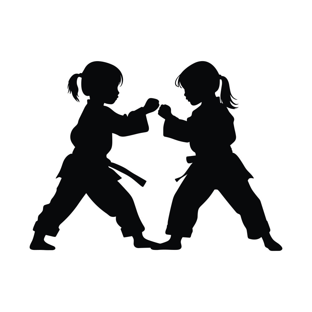 martial arts, karate, taekwondo, children, kids, girls, black silhouette, sports, fighting, action, dynamic, bold, strong, empowerment, strength, athletic, competitive, youth, training, discipline, monochrome, black and white, solid black, contemporary, modern, gender neutral, unisex, active wear theme