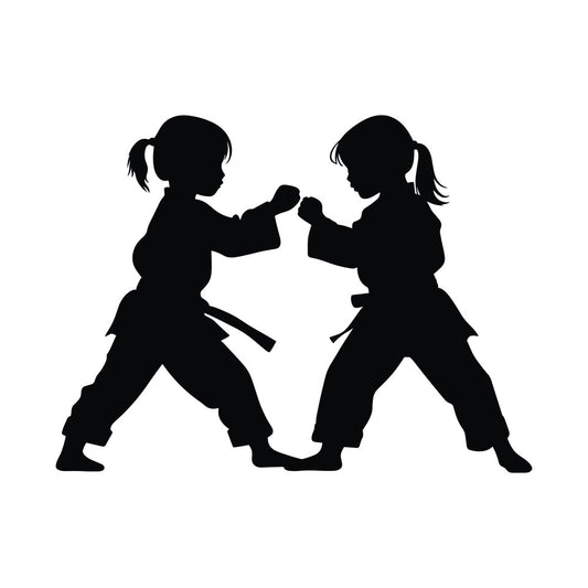 martial arts, karate, taekwondo, children, kids, girls, black silhouette, sports, fighting, action, dynamic, bold, strong, empowerment, strength, athletic, competitive, youth, training, discipline, monochrome, black and white, solid black, contemporary, modern, gender neutral, unisex, active wear theme