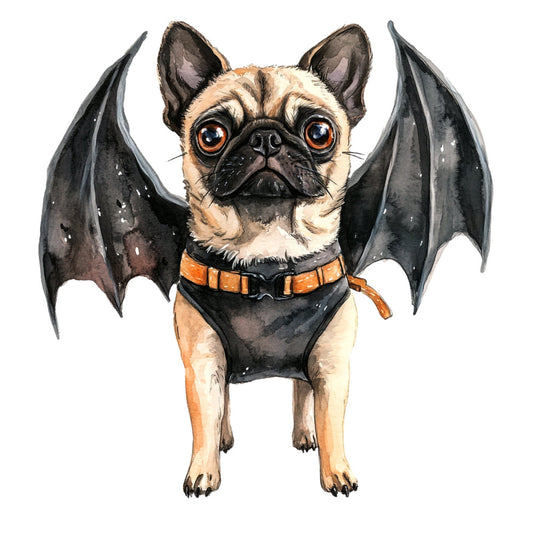 bat dog, french bulldog, halloween, black wings, tan and black, cream colored, orange accents, animal themed, whimsical, playful, costume, bat wing, cute animals, pet themed, humorous, fantasy creature, spooky, trick or treat, autumn, fall, dark colors, charcoal gray, fawn, pug, dog lover, novelty print, children's, fun and festive