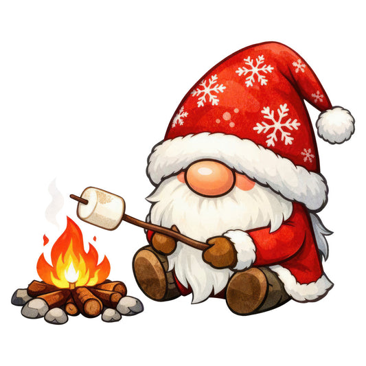 christmas, holiday, gnome, santa gnome, red, cream, white, orange, brown, snowflake, campfire, cozy, whimsical, festive, winter, seasonal, rustic, traditional, cute, novelty, sitting gnome, roasting marshmallow, fireplace, hygge, scandinavian, christmas decoration, holiday cheer, warm tones