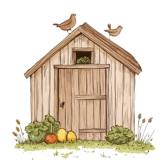 garden shed, farmhouse, rustic, cottage, vegetables, produce, birds, nature, pastoral, country, harvest, autumn, fall, cream, tan, beige, brown, olive green, yellow, orange, toile, whimsical, traditional, garden theme, potatoes, squash, lettuce, wooden door, window box, wildflowers