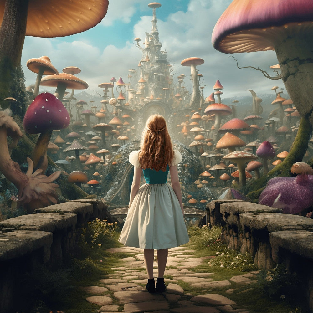 whimsical, fantasy, mushroom, castle, fairy tale, enchanted forest, alice in wonderland, magical, adventure, girl, character panel, toadstool, woodland, cream, golden brown, rust, burgundy, plum purple, teal blue, nature, storybook, dreamy, illustration, landscape, scenic, children's, young adult, decorative panel, statement fabric