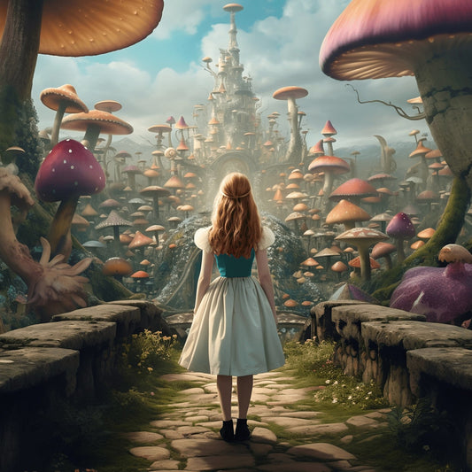 whimsical, fantasy, mushroom, castle, fairy tale, enchanted forest, alice in wonderland, magical, adventure, girl, character panel, toadstool, woodland, cream, golden brown, rust, burgundy, plum purple, teal blue, nature, storybook, dreamy, illustration, landscape, scenic, children's, young adult, decorative panel, statement fabric