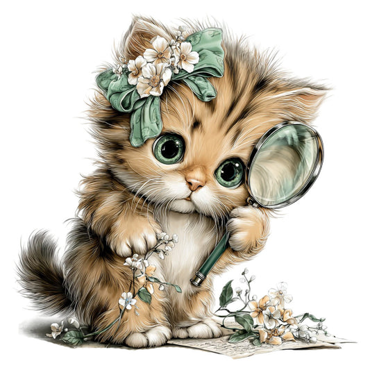 cat, kitten, fluffy cat, green eyes, magnifying glass, detective, whimsical, cute animals, daisy flowers, white flowers, cream, tan, brown, sage green, vintage, botanical, adorable, children's fabric, baby animals, spring flowers, nature theme, illustration style, storybook, playful, charming, pet themed, flower crown, floral accents, whimsy