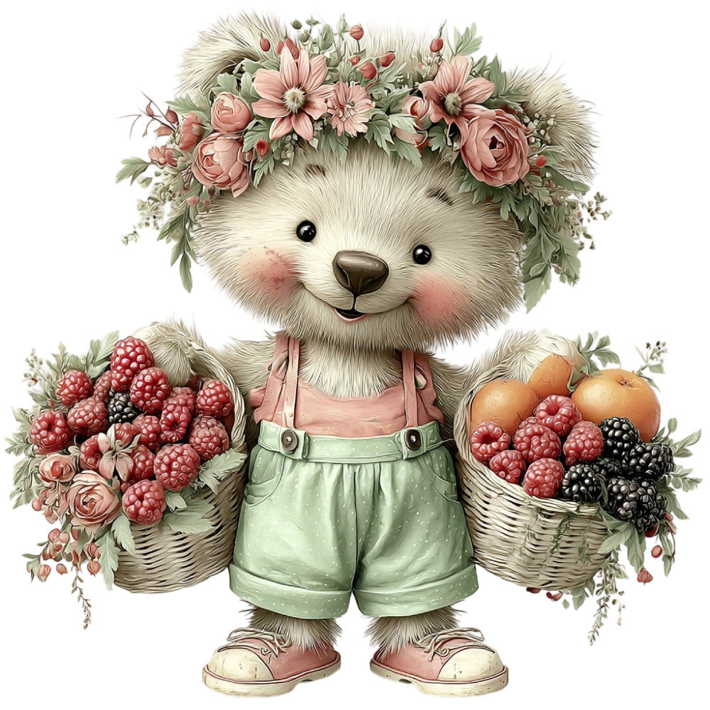cute bear, floral, teddy bear, animals, whimsical, berry picking, raspberries, blackberries, spring, garden, nature, soft colors, cream, sage green, dusty rose, coral pink, vintage, cottage core, farmhouse, children's, baby, adorable, flowers, baskets, fruit, botanical, pastel, sweet, nurturing, illustration